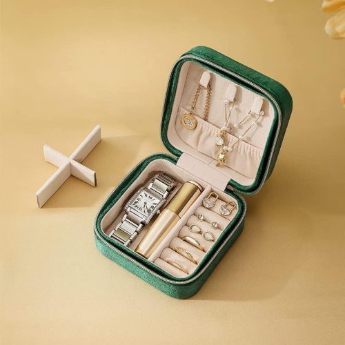 Velvet jewellery organiser box with metal zipper, internal compartments, watch and bracelet storage, travel friendly and elegant”