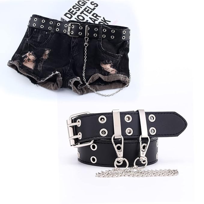 Ladies waist chain double-grommet punk belt with silver buckle and optional chain