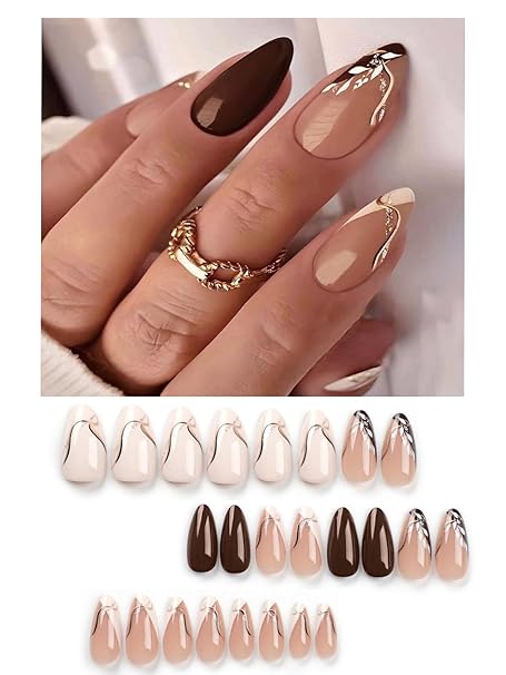Close-up of hand wearing glossy press ons nails with natural shape