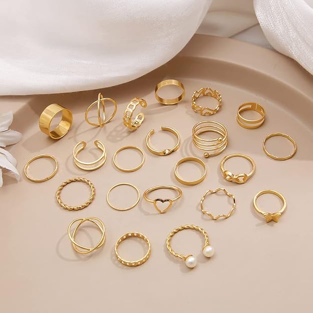 Set of 22 stylish silver female rings – stackable, midi finger rings for women
