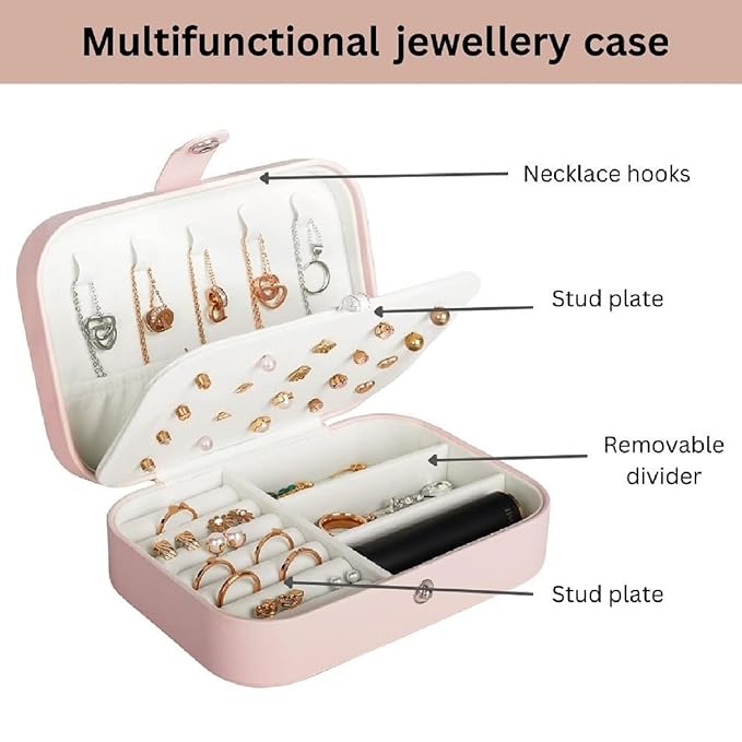 SNMMIFER Portable Travel Jewellery Box, PU Leather Organiser for Rings, Necklaces, Earrings(Pink)