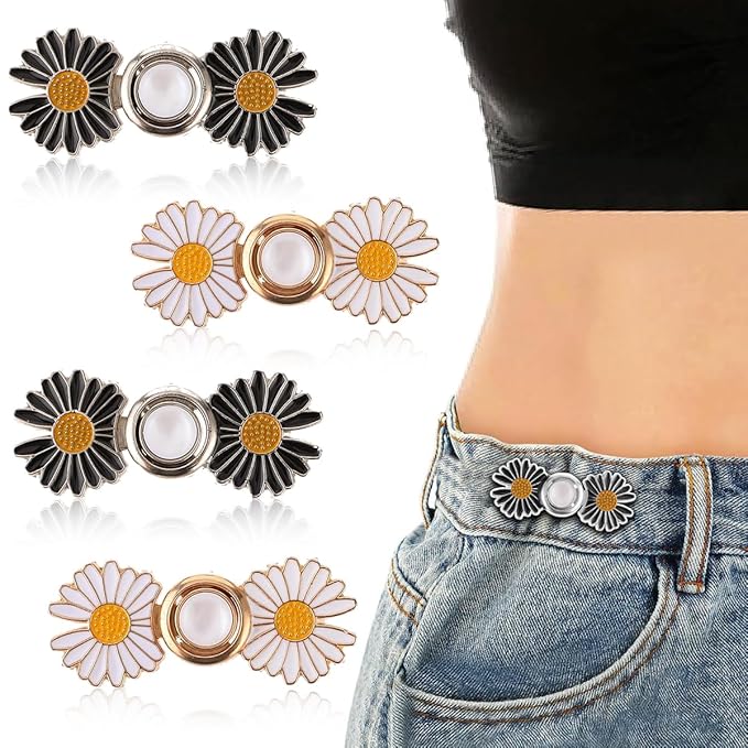 "Stylish flower-design pants waist resizer clips attached to jeans, paired with waist belly chain for fashionable fit."