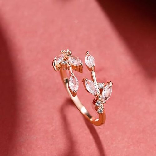 Elegant rose gold ring with crystal-studded leafy design – adjustable and perfect for women’s everyday or special wear