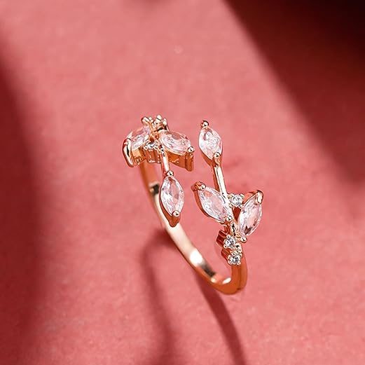 Elegant rose gold ring with crystal-studded leafy design – adjustable and perfect for women’s everyday or special wear