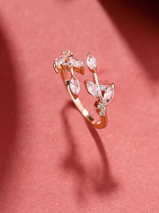 Elegant rose gold ring with crystal-studded leafy design – adjustable and perfect for women’s everyday or special wear