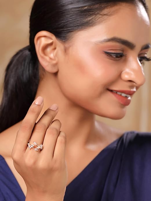 Adjustable Crysta Silver Plated Finger rose gold ring for Women and Girls - Image 2