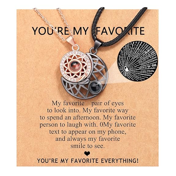 Sun and Moon matching necklaces for women and men with engraved 100‑language pendant on velvet bag”