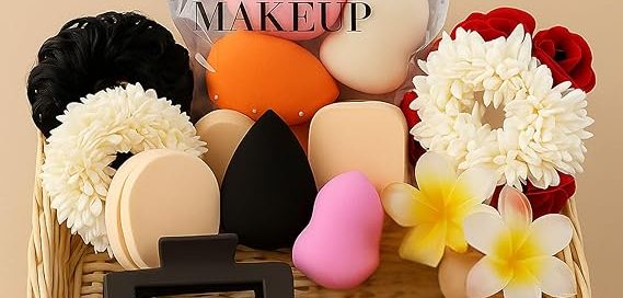 All-in-one beauty gift hamper basket for women with makeup sponges, claw clips, scrunchies, juda bun, and artificial flowers