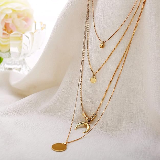 ladies gold necklace multi‑layered with pendant, gold plated and skin friendly