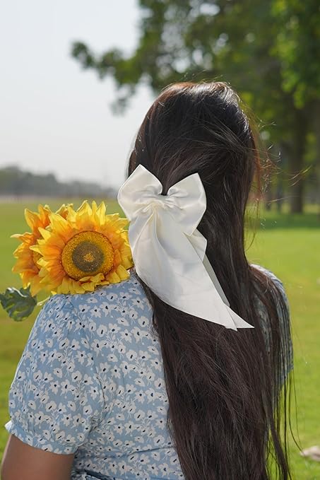 Off‑white satin bow hair clip with claw clip base for women and girls – elegant accessory