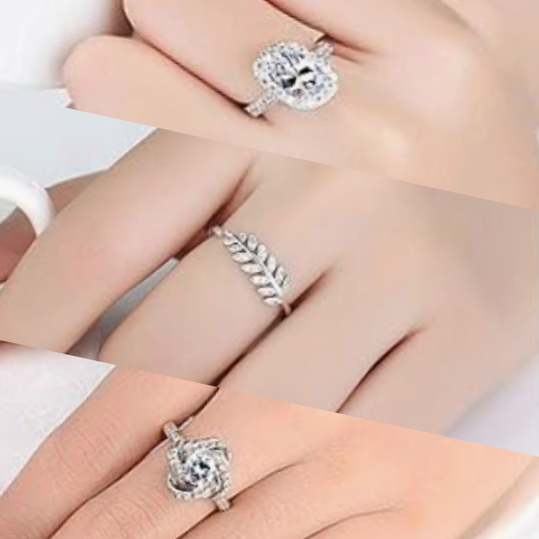 Stylish rhodium-plated women's rings engagement combo with white crystal stones and adjustable size – perfect for gifting